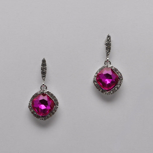 Square Drop Crystal Earring - Fuchsia/Silver