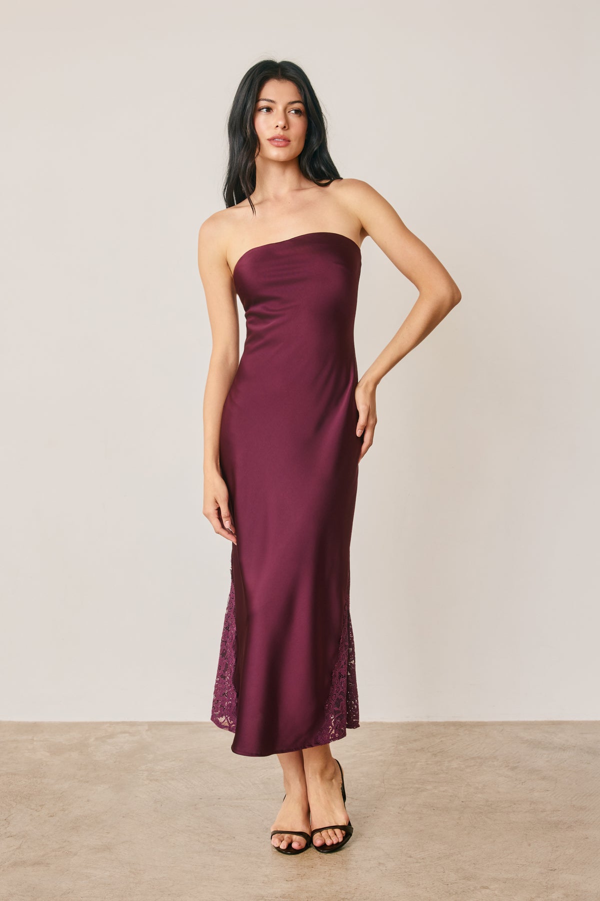 Strapless Satin Midi Dress