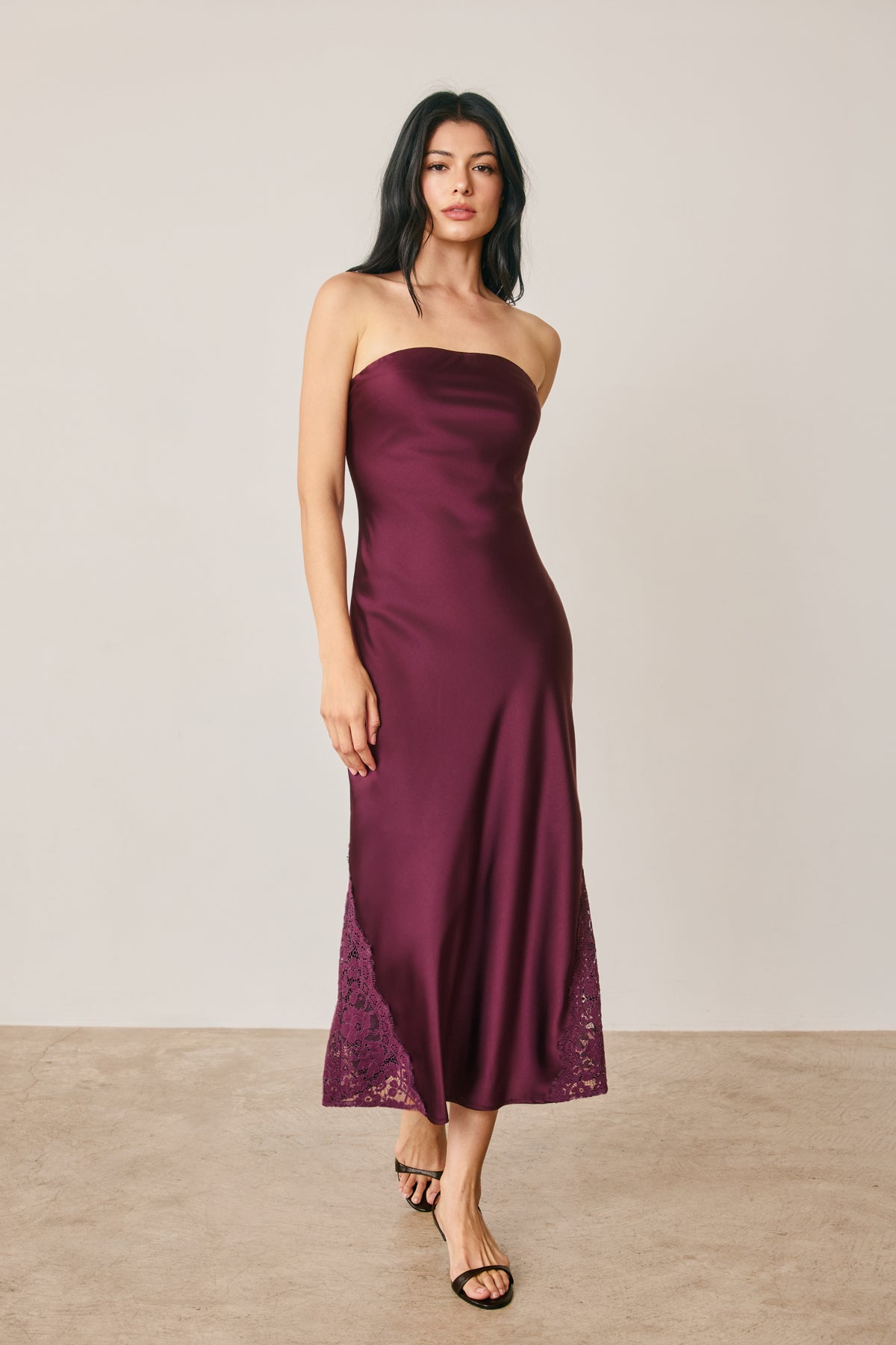 Satin Strapless Lace Hem Midi Dress