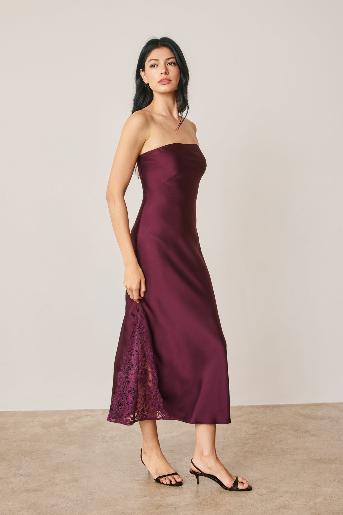 Satin Strapless Lace Hem Midi Dress