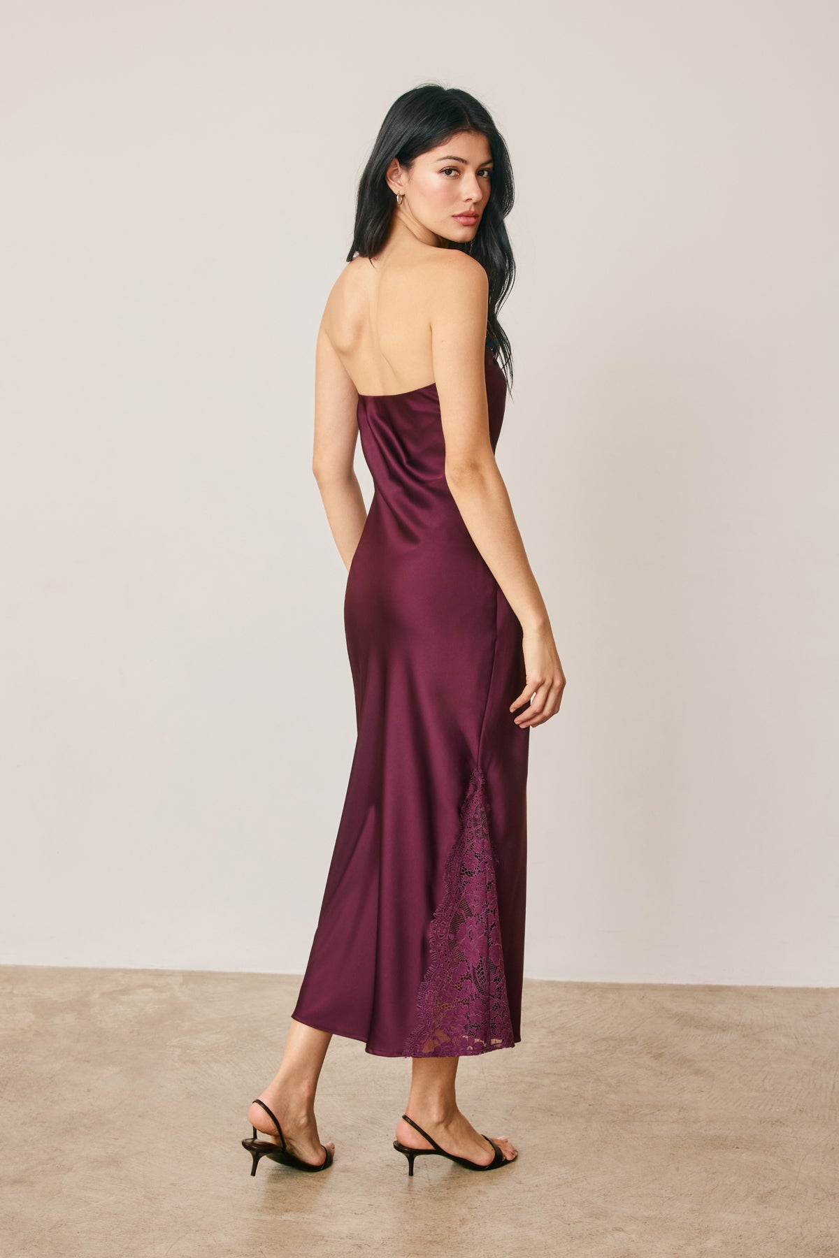 Satin Strapless Lace Hem Midi Dress