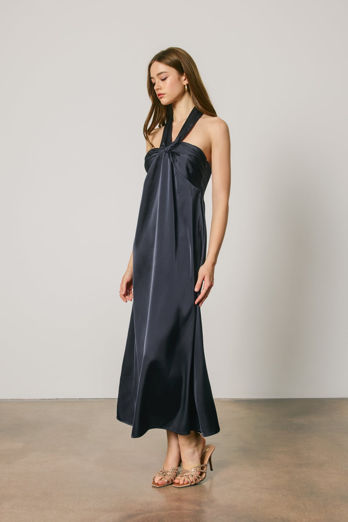 Satin Twist Front Halter Maxi Dress