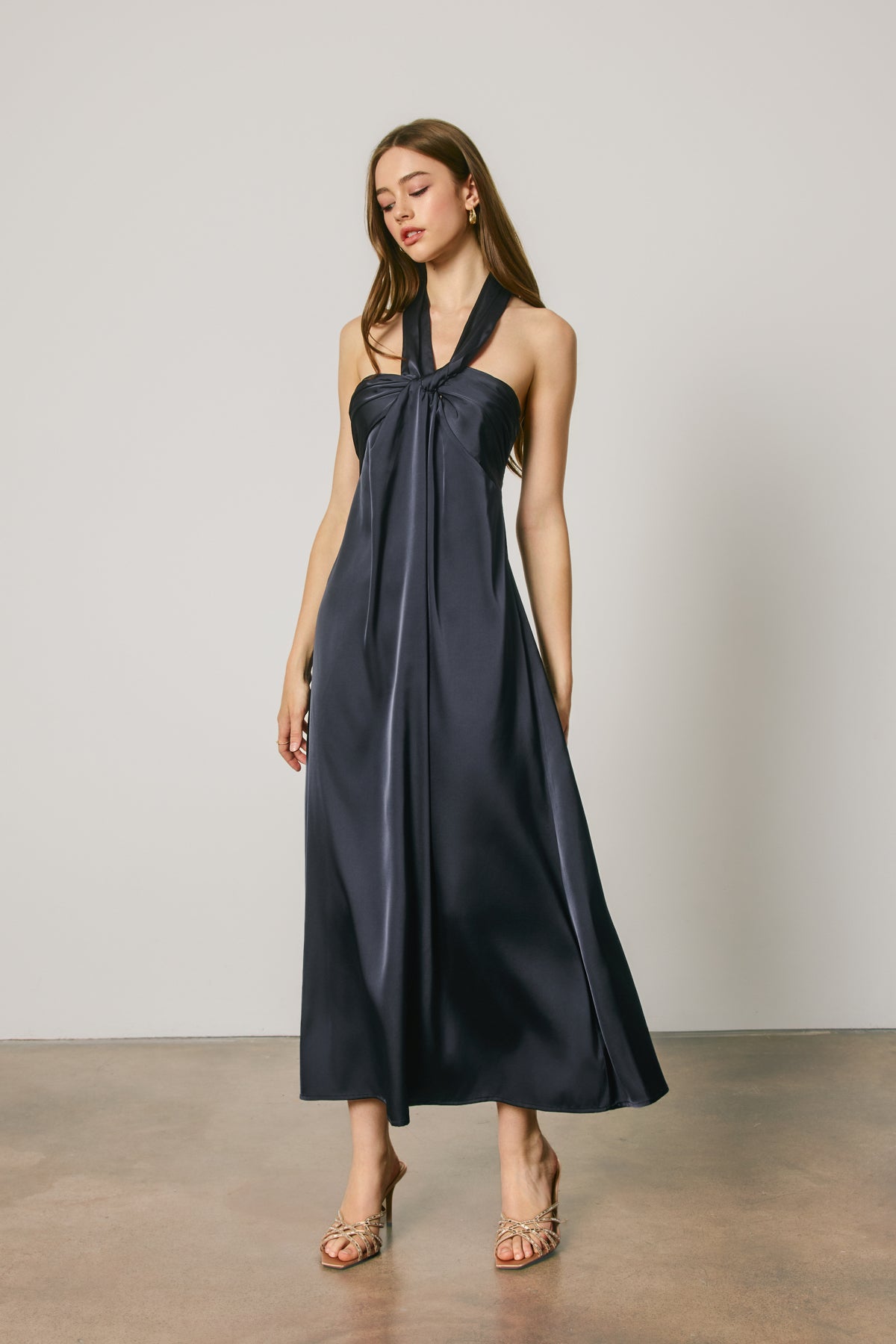 Satin Twist Front Halter Maxi Dress