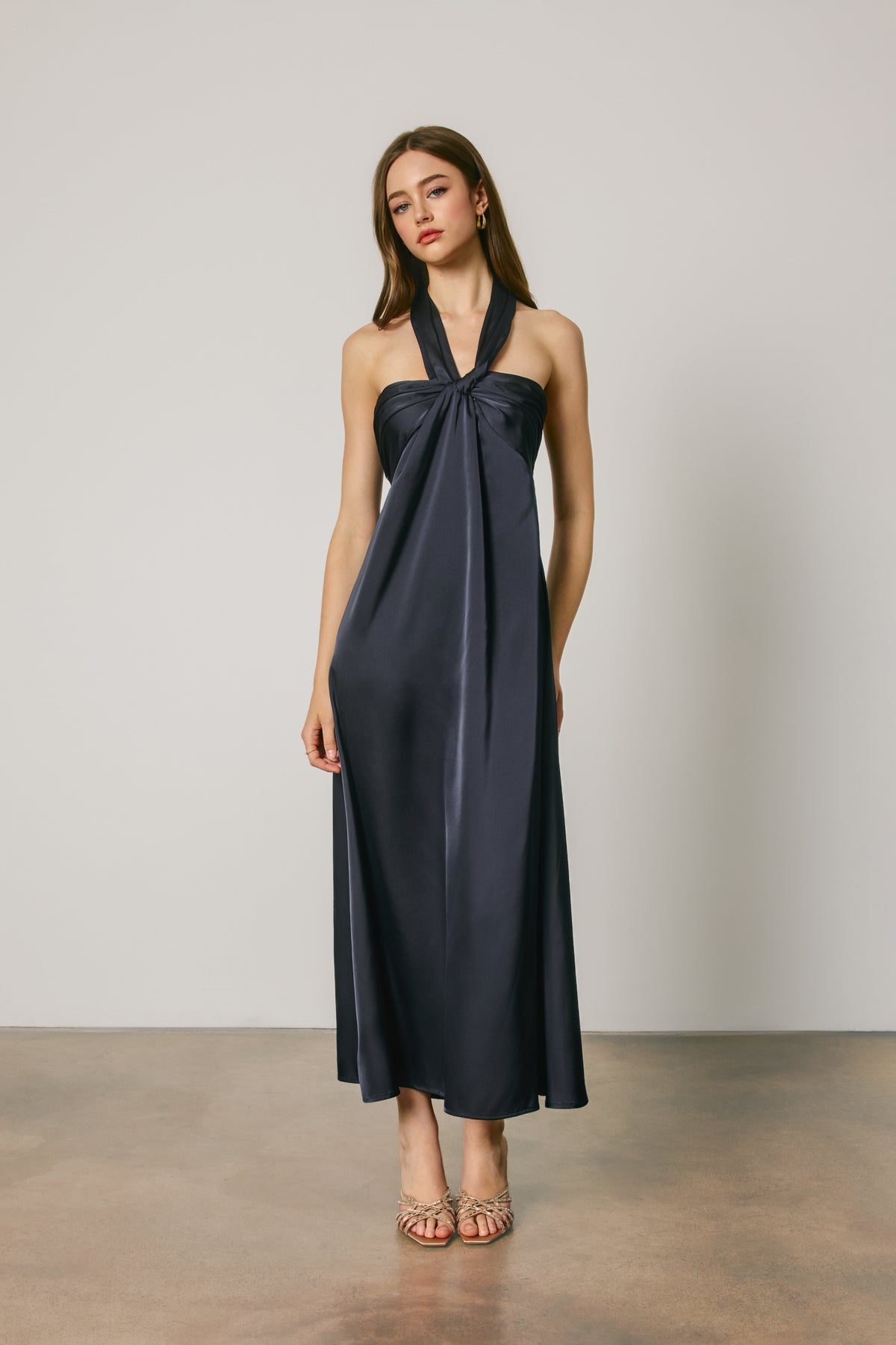 Satin Twist Front Halter Maxi Dress