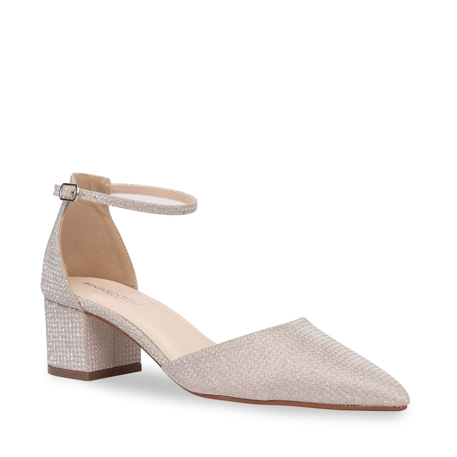 Closed toe Champagne shimmer shoe with 1.75 inch block heel