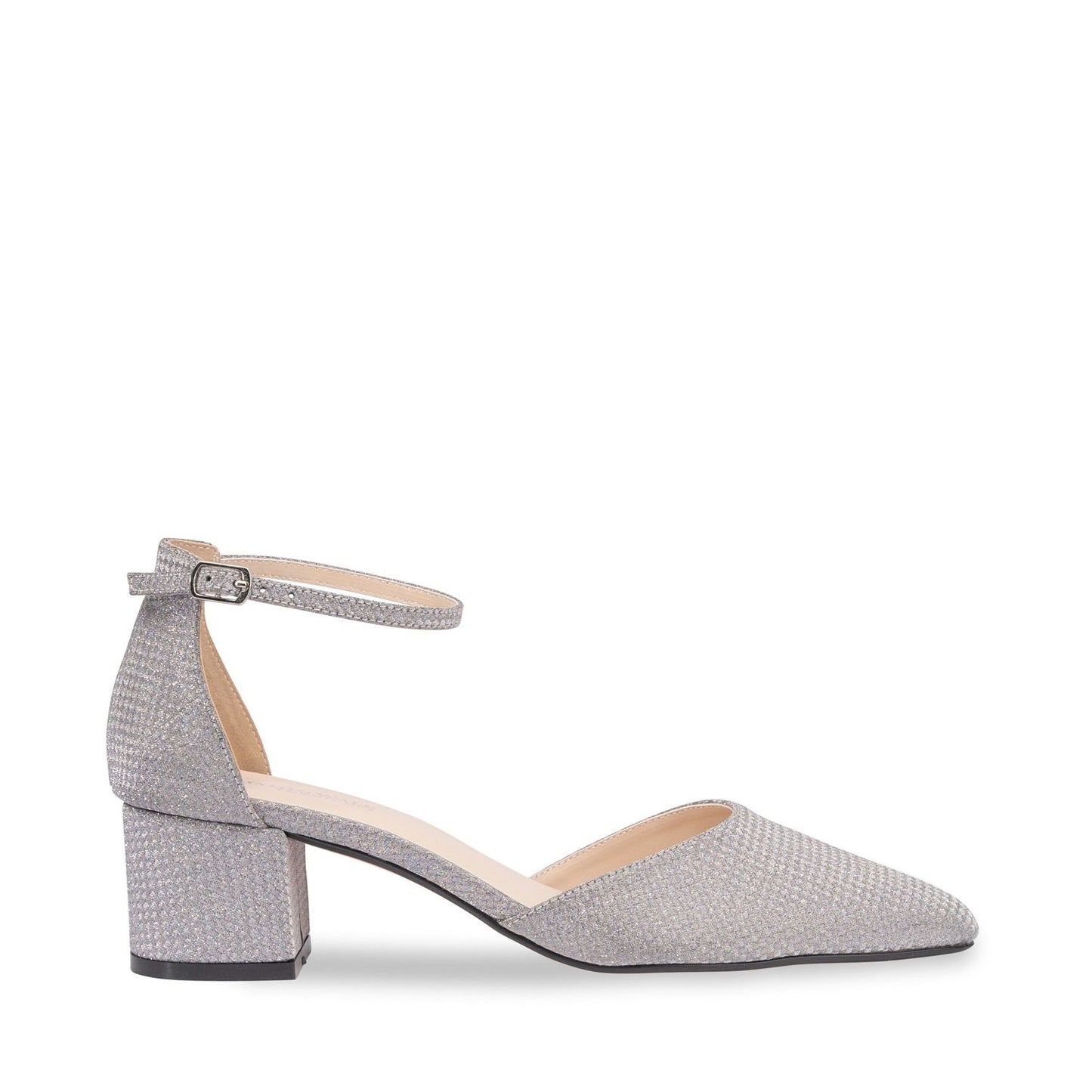Side view of Closed toe shimmer shoe with 1.75 inch block heel