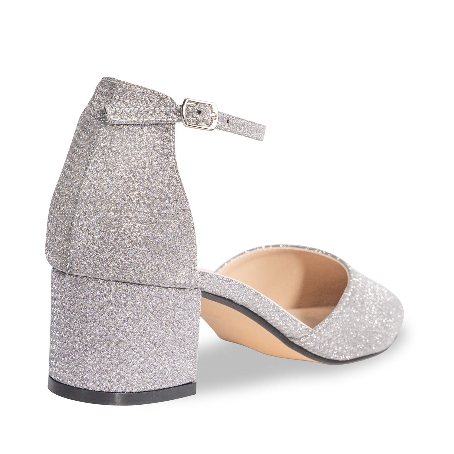 Right angle view of Closed toe shimmer shoe with 1.75 inch block heel