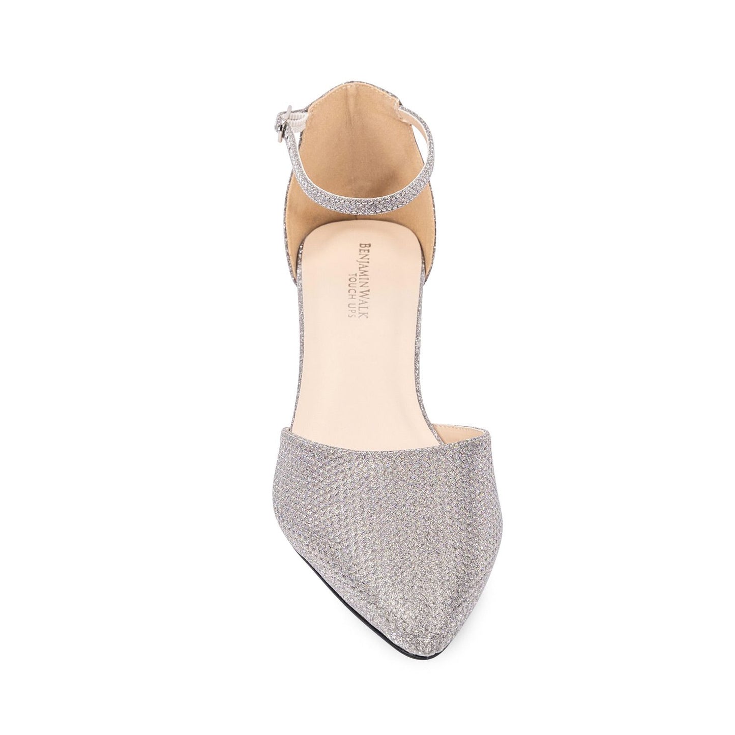 Front view of Closed toe shimmer shoe with 1.75 inch block heel