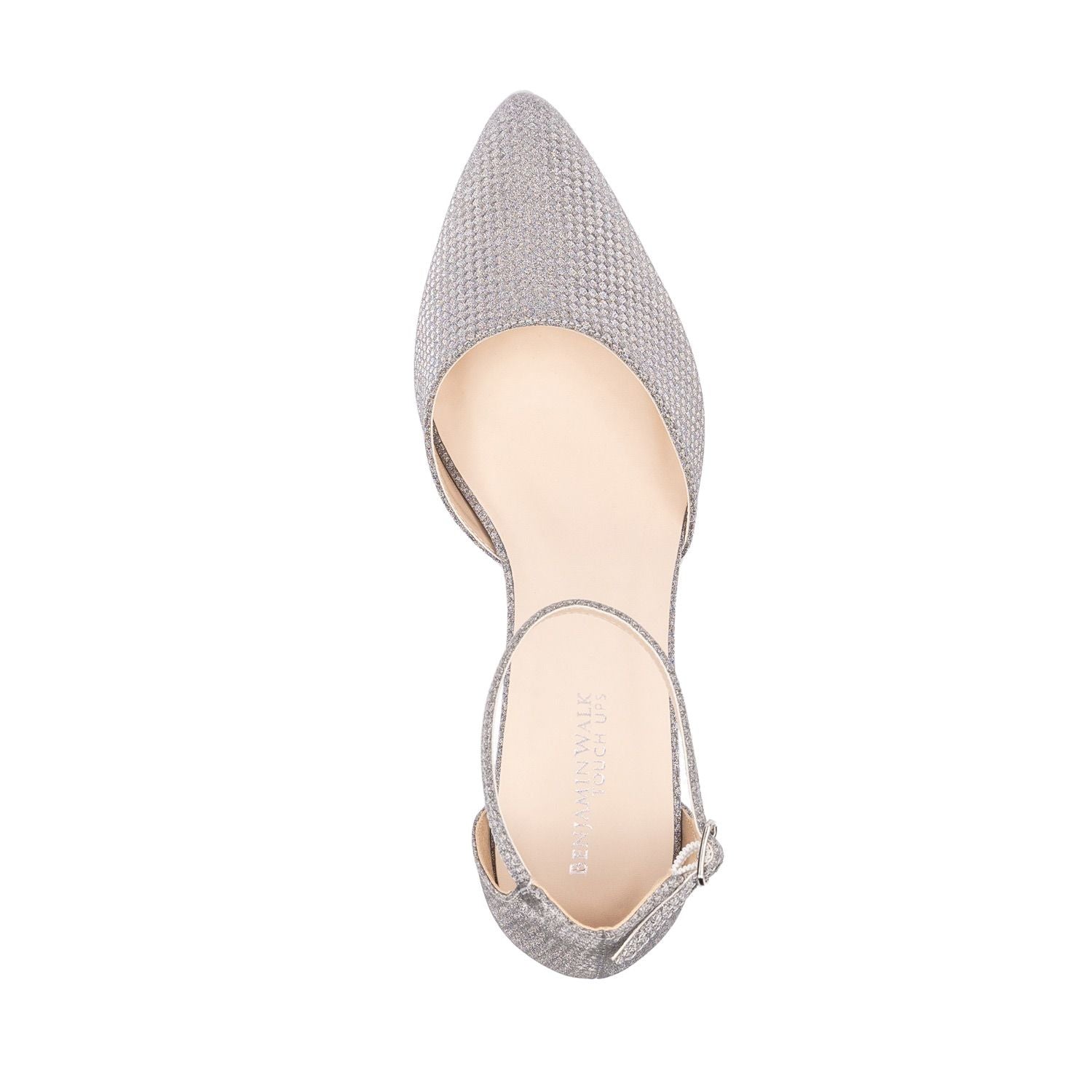 Overhead view of Closed toe shimmer shoe with 1.75 inch block heel