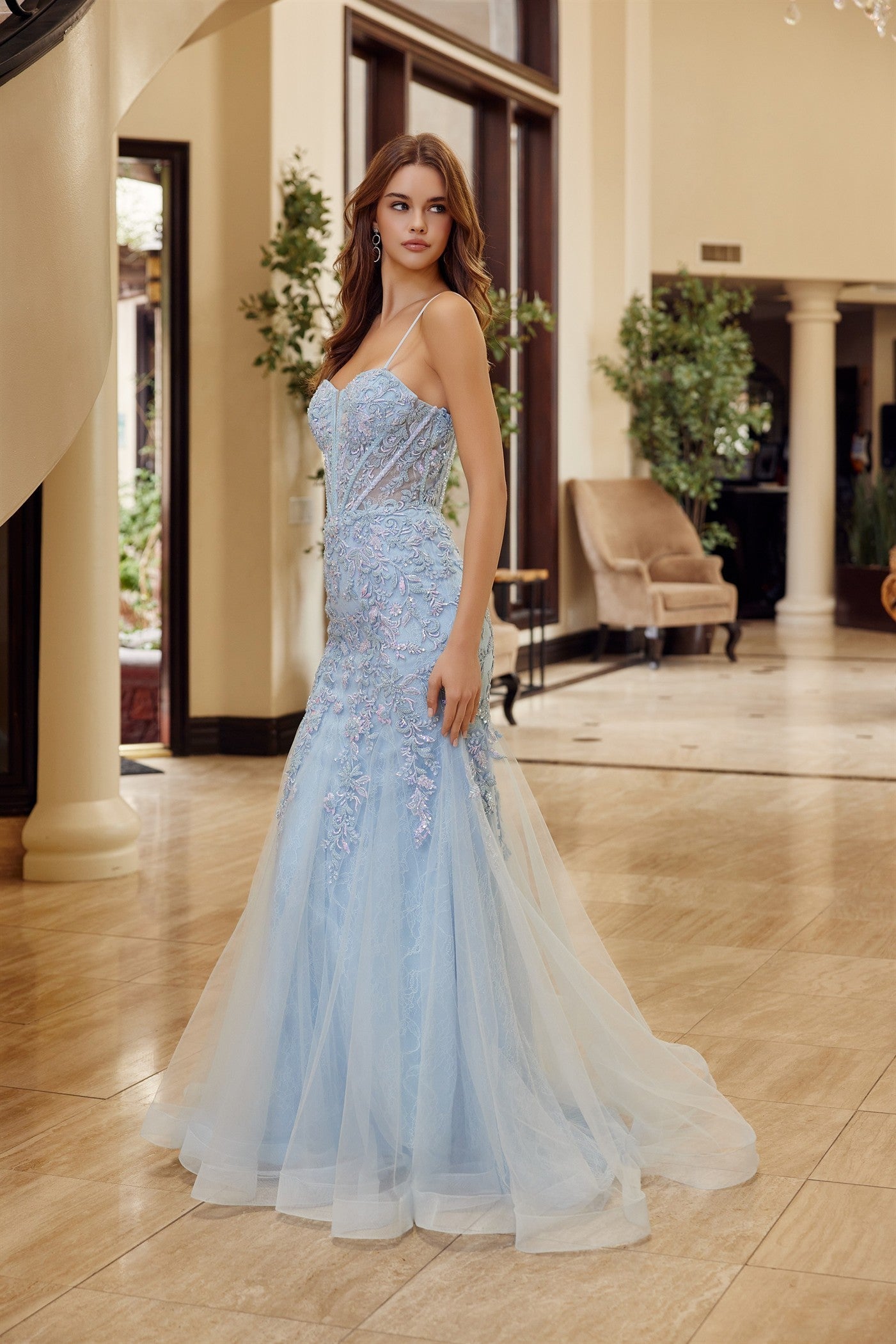 Trumpet Tulle Prom Dress with Semi Sweetheart Neckline