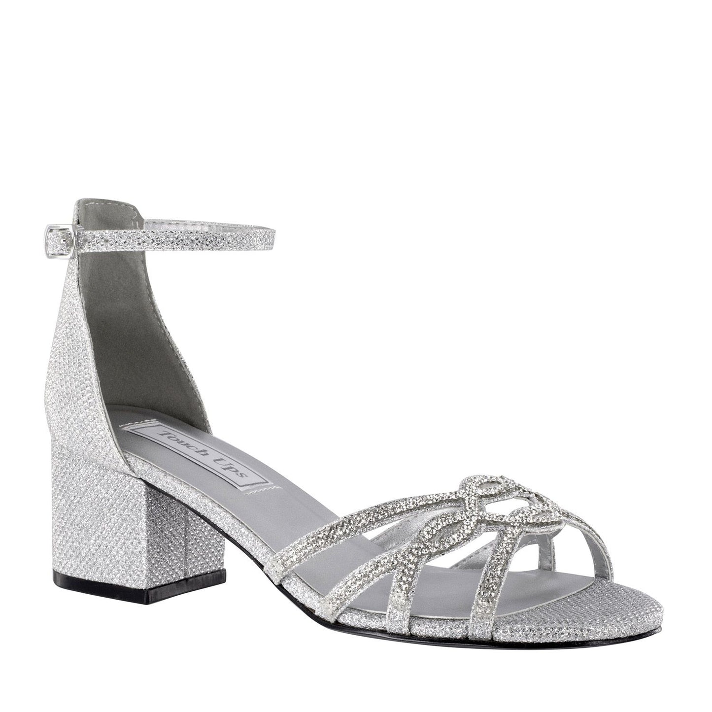 Silver  shimmer shoe with 1.75 inch block heel.