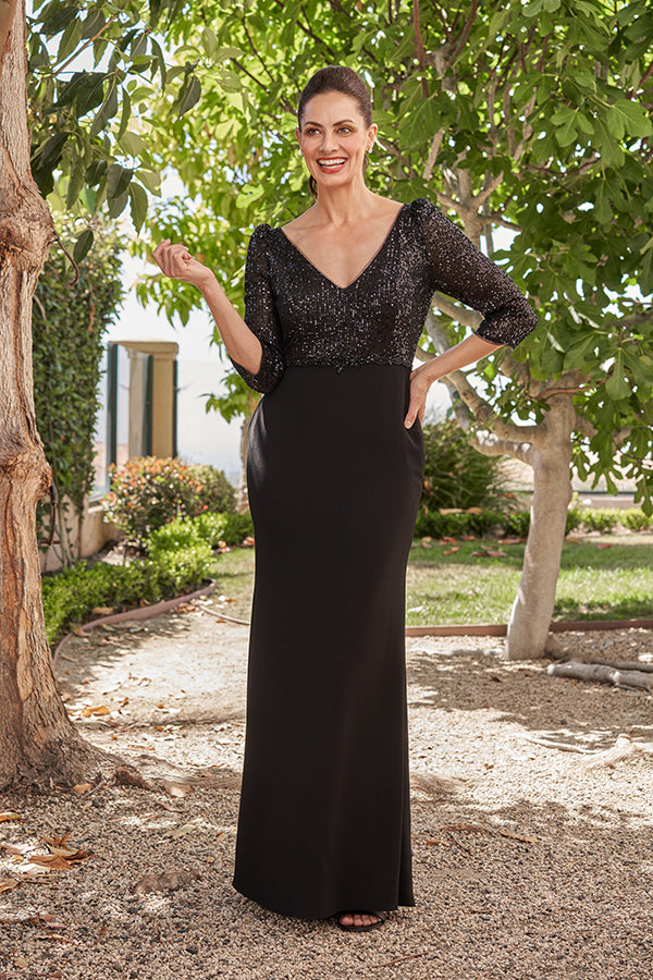 Captivating Sequin Bodice and  Soft Crepe Fit & Flare Gown  - K258012