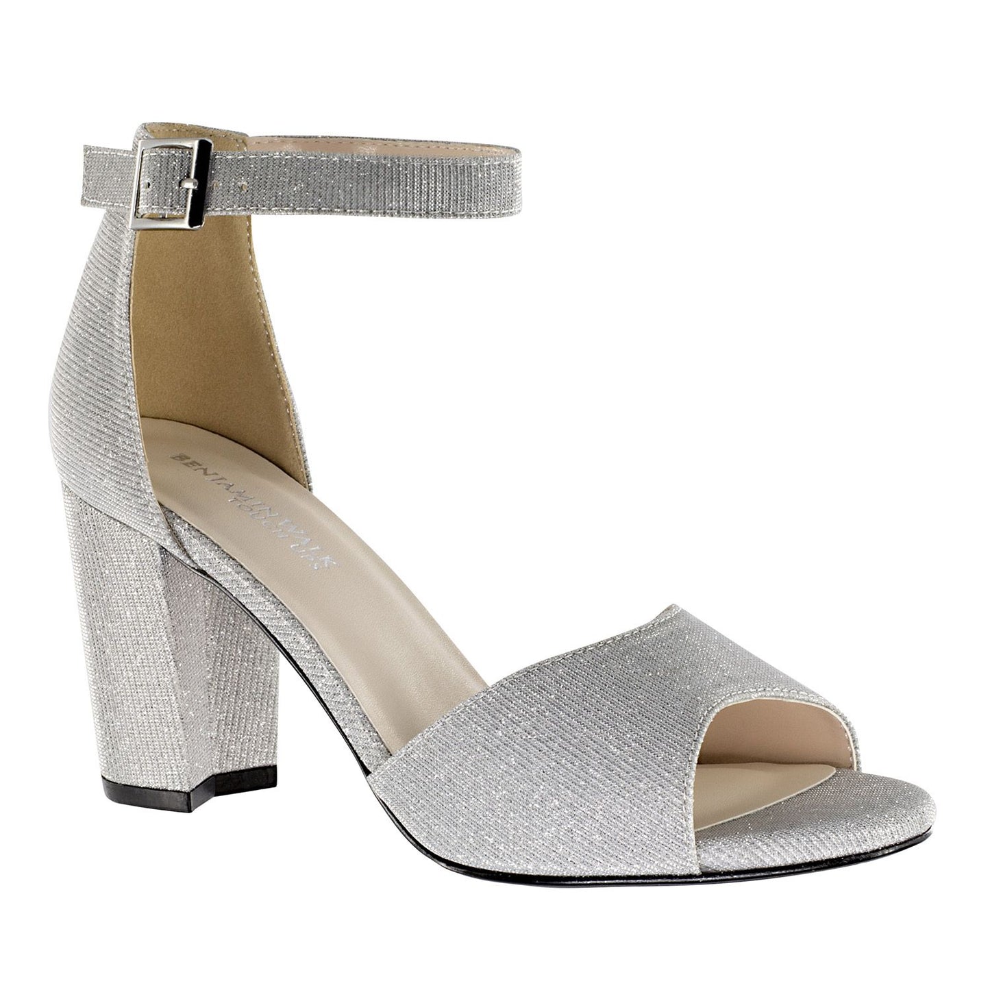 Open toe champagne shoe with a 2.5 block heel and adjustable strap with buckle