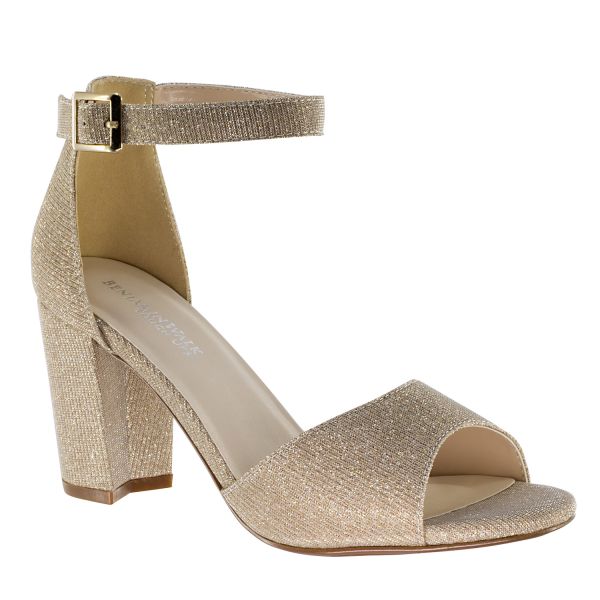 Open toe champagne  shoe with a 2.5 block heel and adjustable strap with buckle.