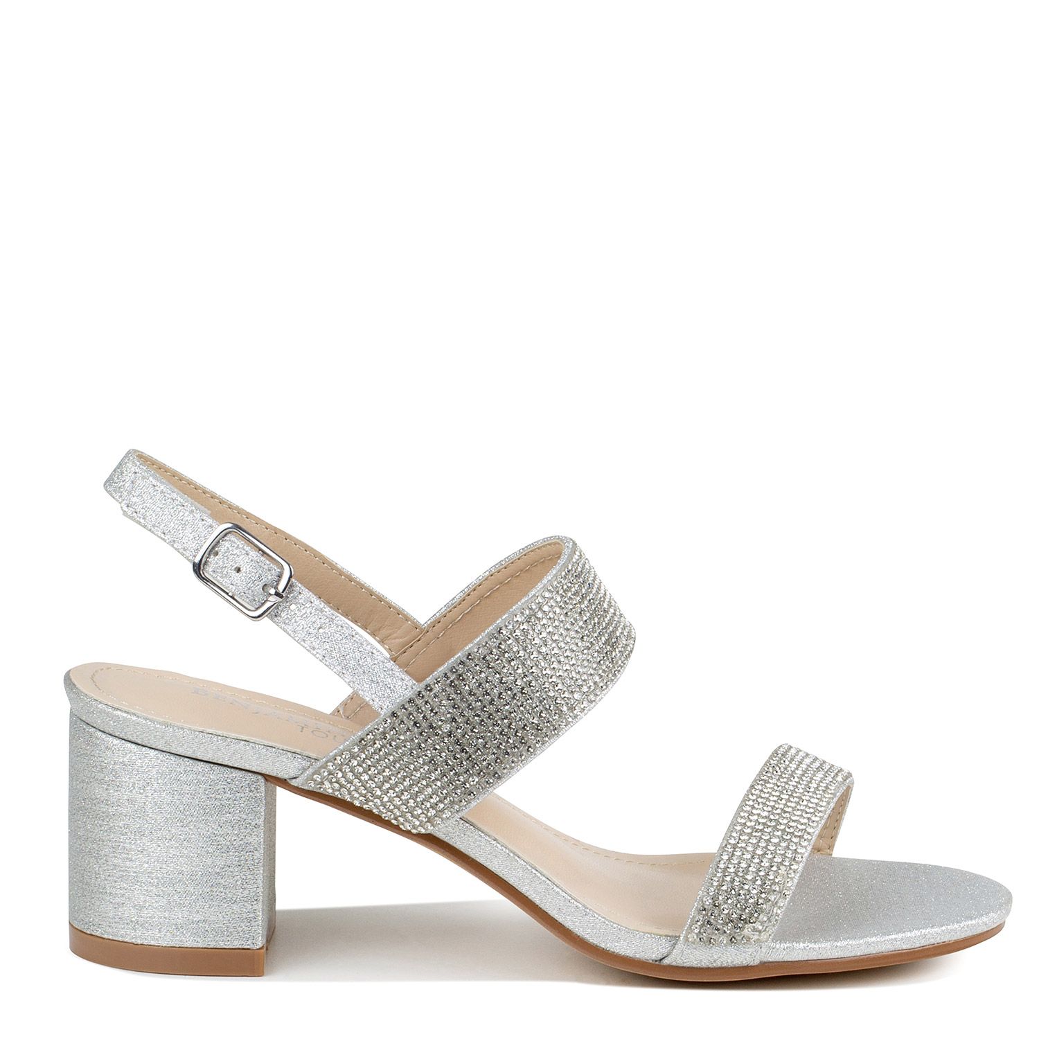 SIDE VIEW OF SILVER GLITTER SHOE WITH WIDE BANDS AND 2 INCH BLOCK HEEL