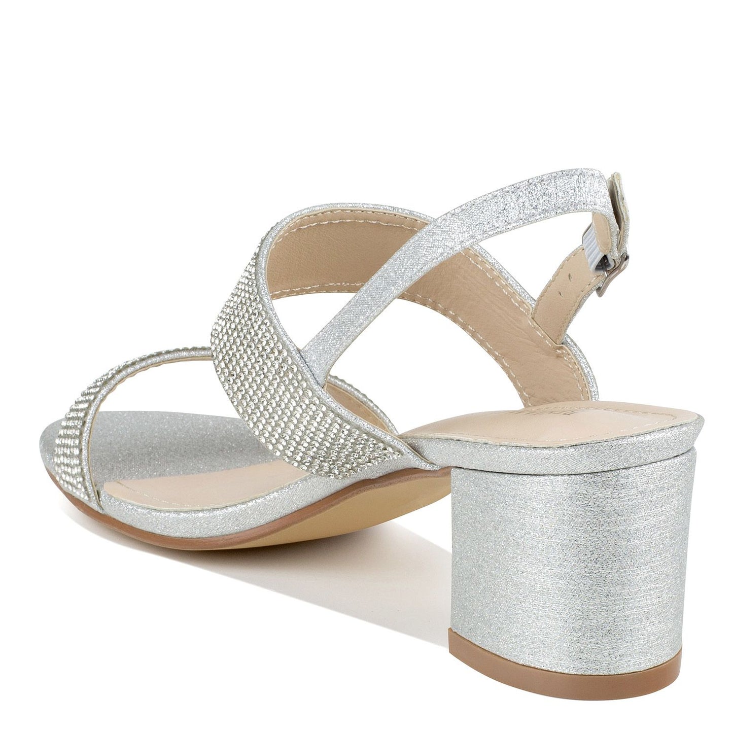 LEFT ANGLE VIEW OF SILVER GLITTER SHOE WITH WIDE BANDS AND 2 INCH BLOCK HEEL