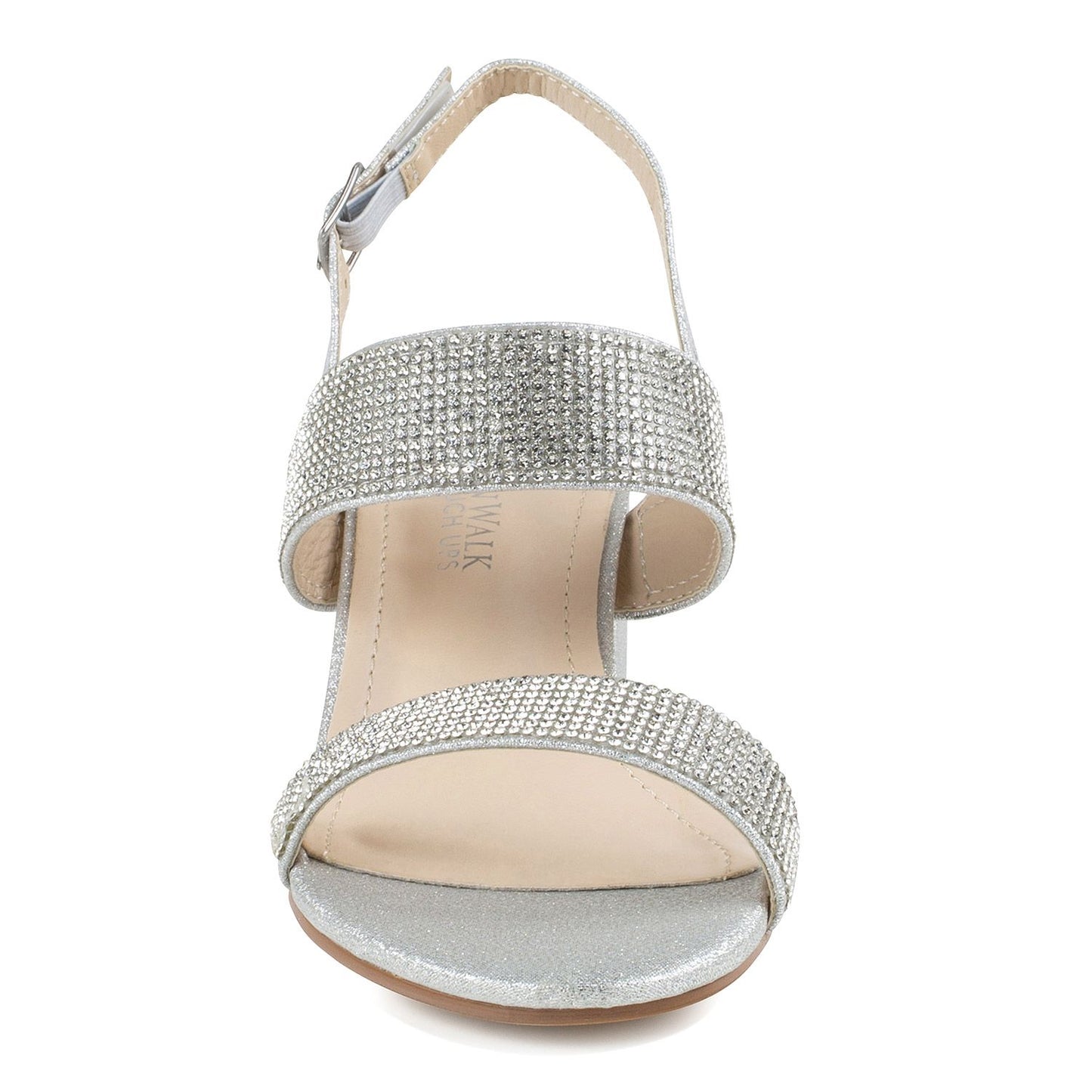 FRONT VIEW OF SILVER GLITTER SHOE WITH WIDE BANDS AND 2 INCH BLOCK HEEL