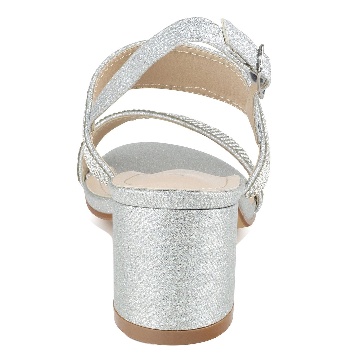 BACK VIEW OF SILVER GLITTER SHOE WITH WIDE BANDS AND 2 INCH BLOCK HEEL