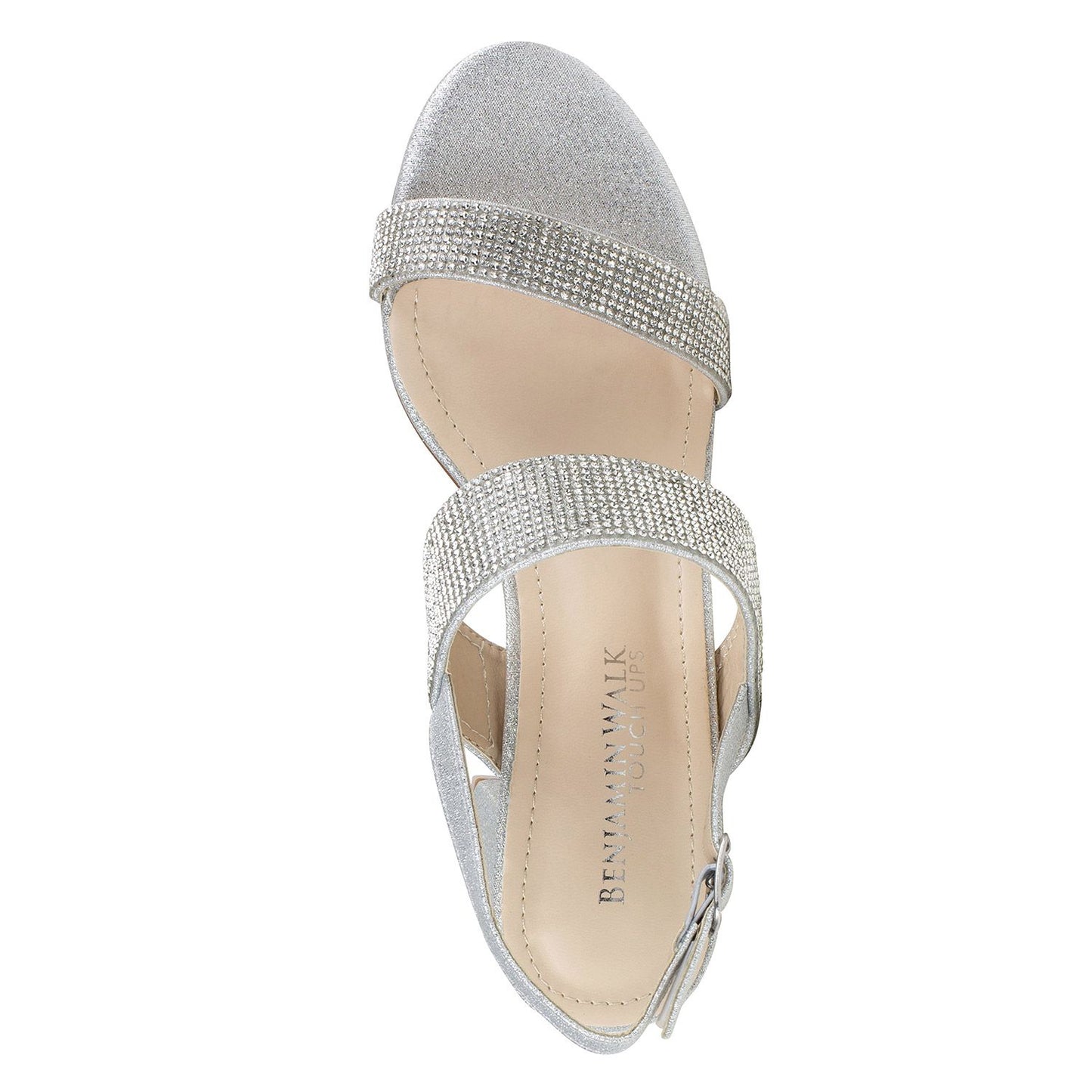 TOP VIEW OF SILVER GLITTER SHOE WITH WIDE BANDS AND 2 INCH BLOCK HEEL
