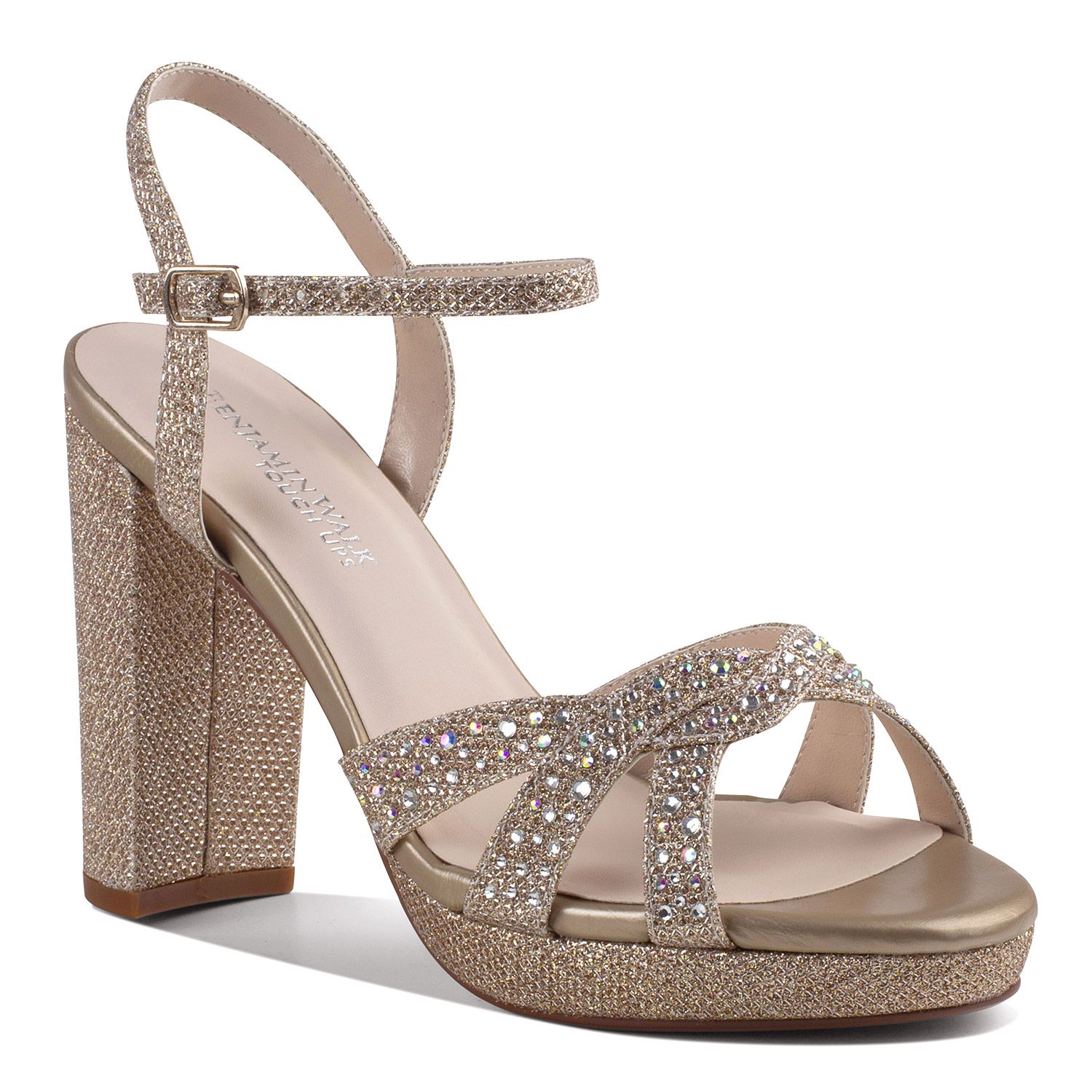 Champagne glitter platform shoe with 3.75 heel with open toe.