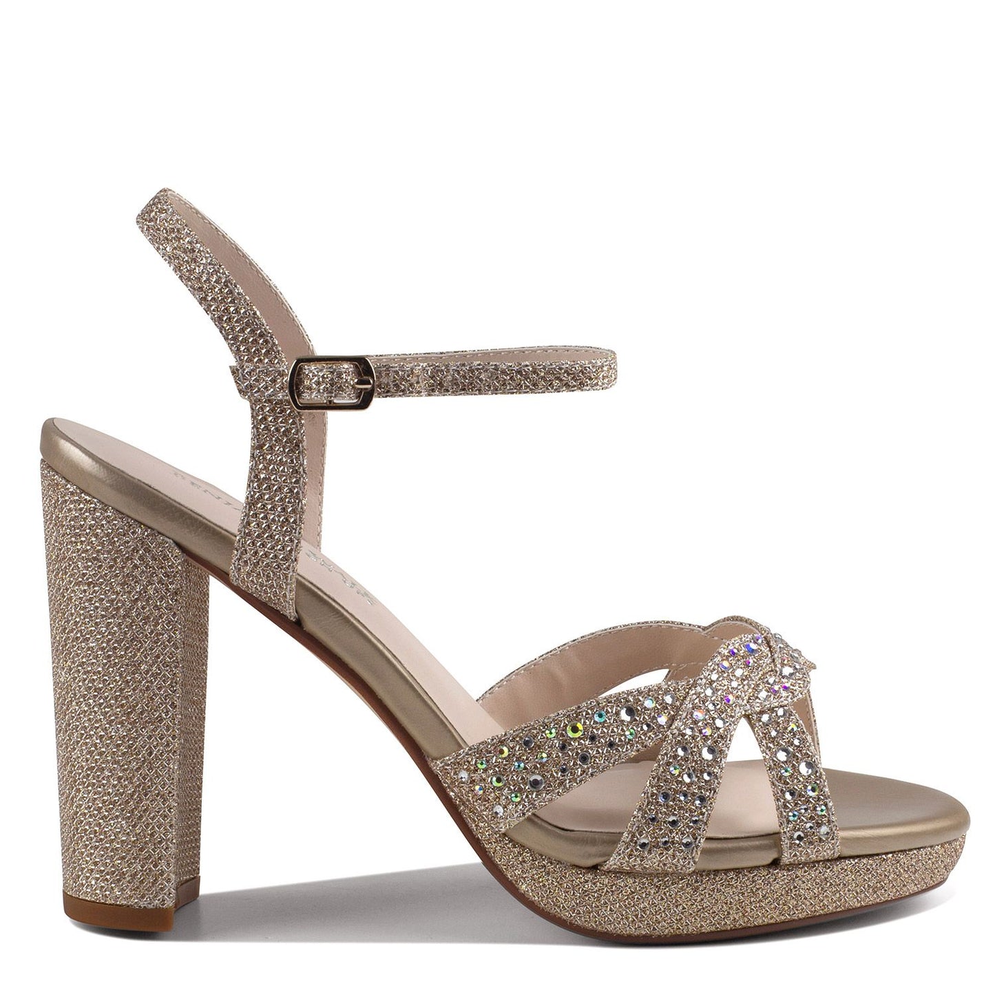 Side view of Champagne glitter platform shoe with 3.75 heel with open toe.