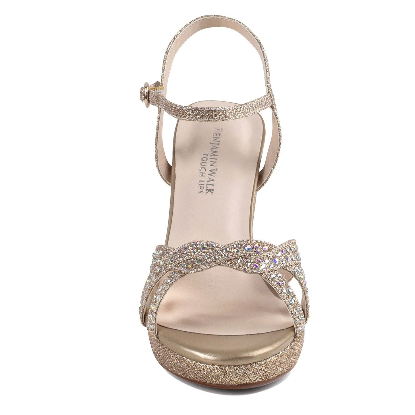 Front View of Champagne glitter platform shoe with 3.75 heel with open toe.