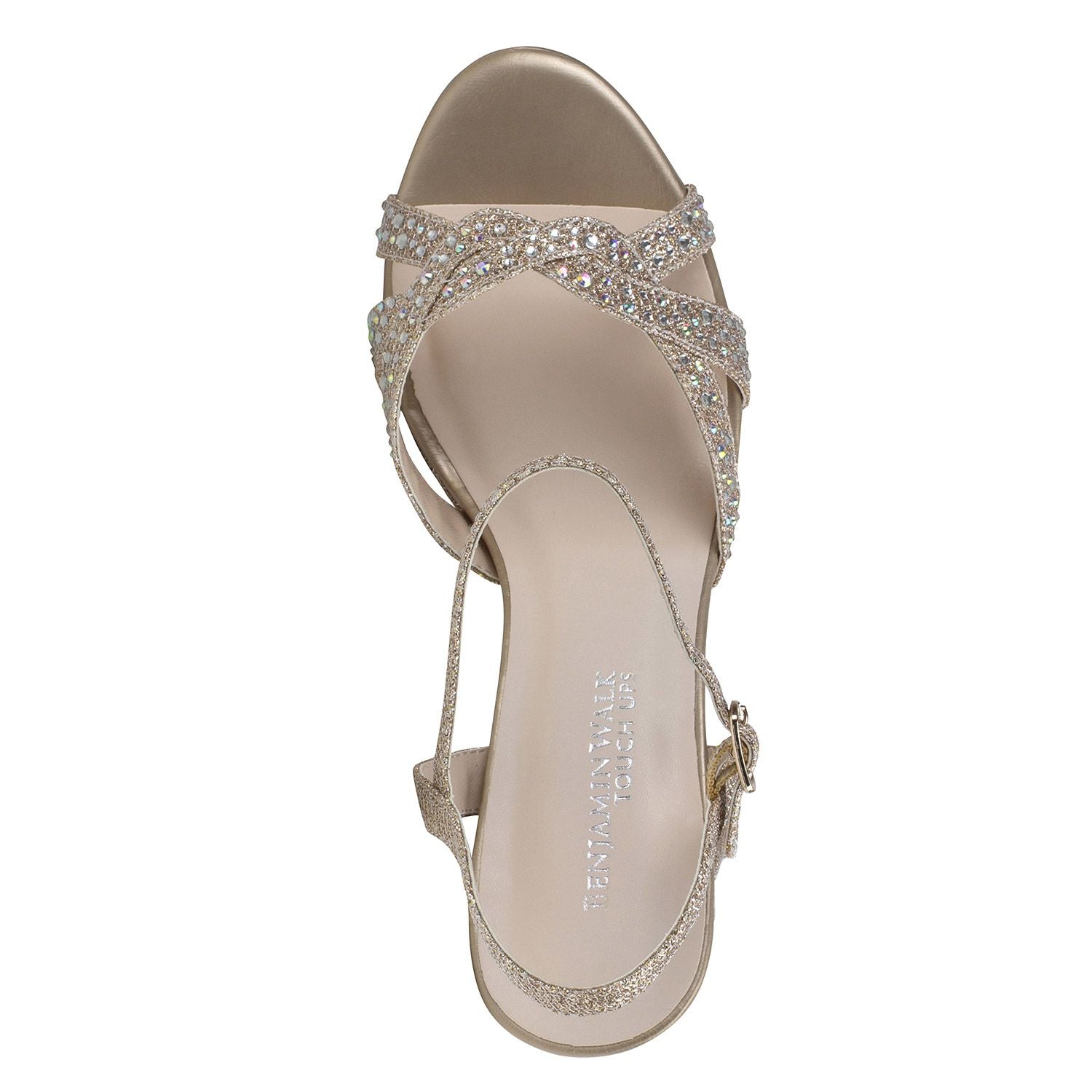 Overhead view of Champagne glitter platform shoe with 3.75 heel with open toe.