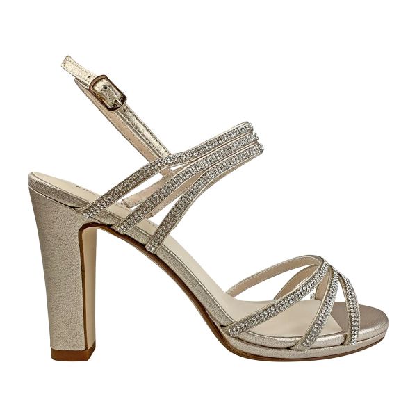 Side view of Strappy champagne shoe with 3" heel