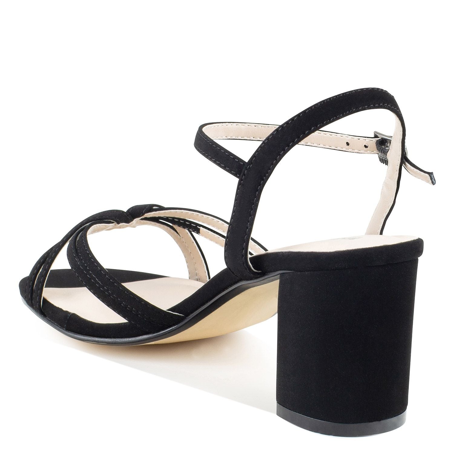 Left angle view of     Black glitter heel with 2.25 block heel