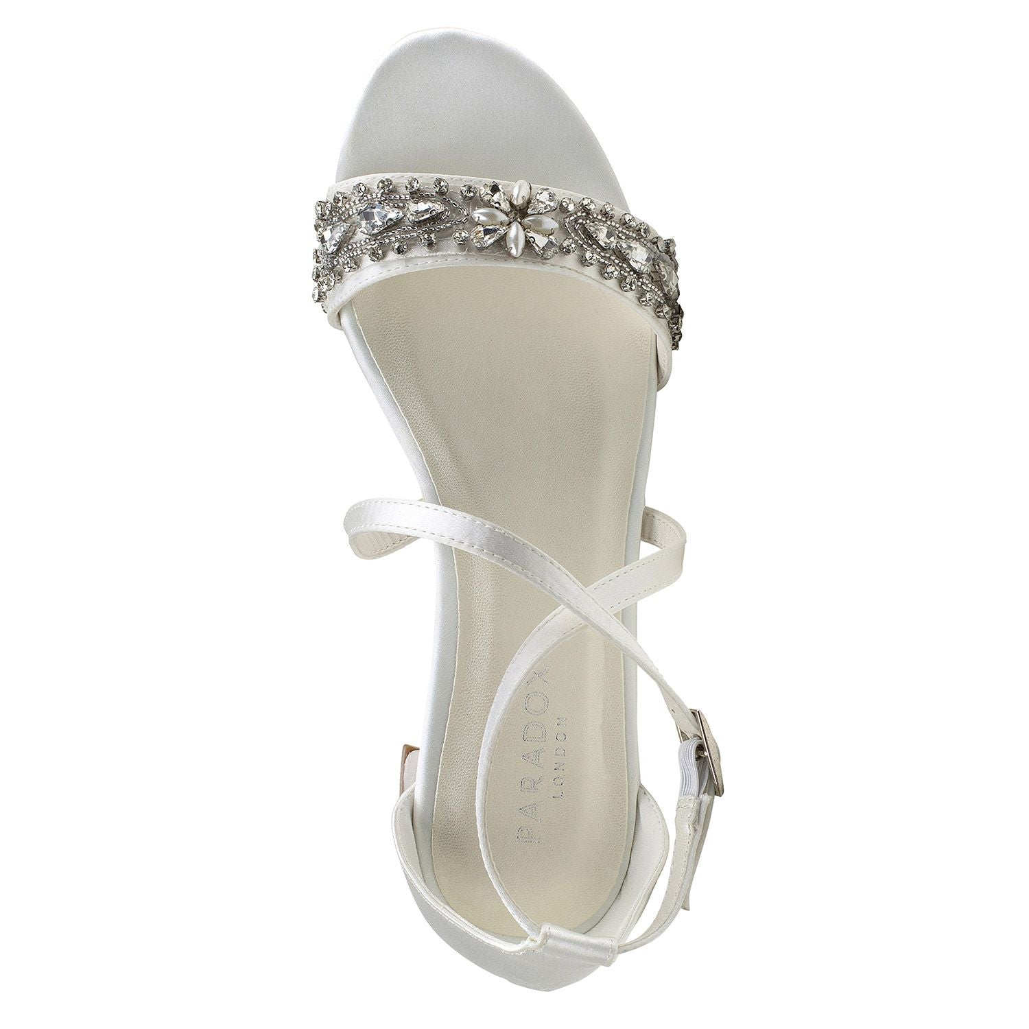overhead view of Dyeable 3/4 inch block heel with decrotive rhinestone detail