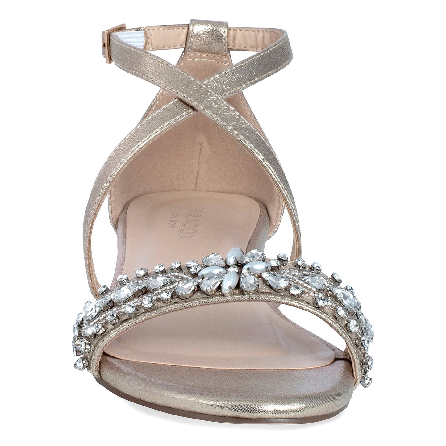 Front view of Champagne 3/4 inch block heel with decrotive rhinestone detail