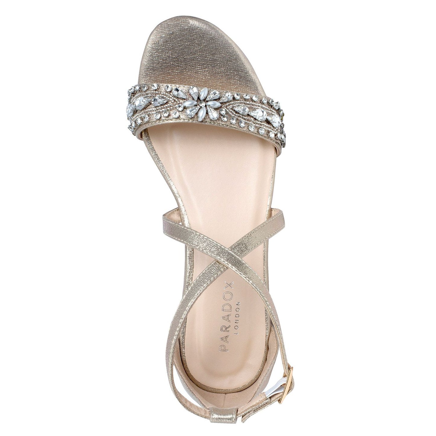 Overhead view of Champagne 3/4 inch block heel with decrotive rhinestone detail
