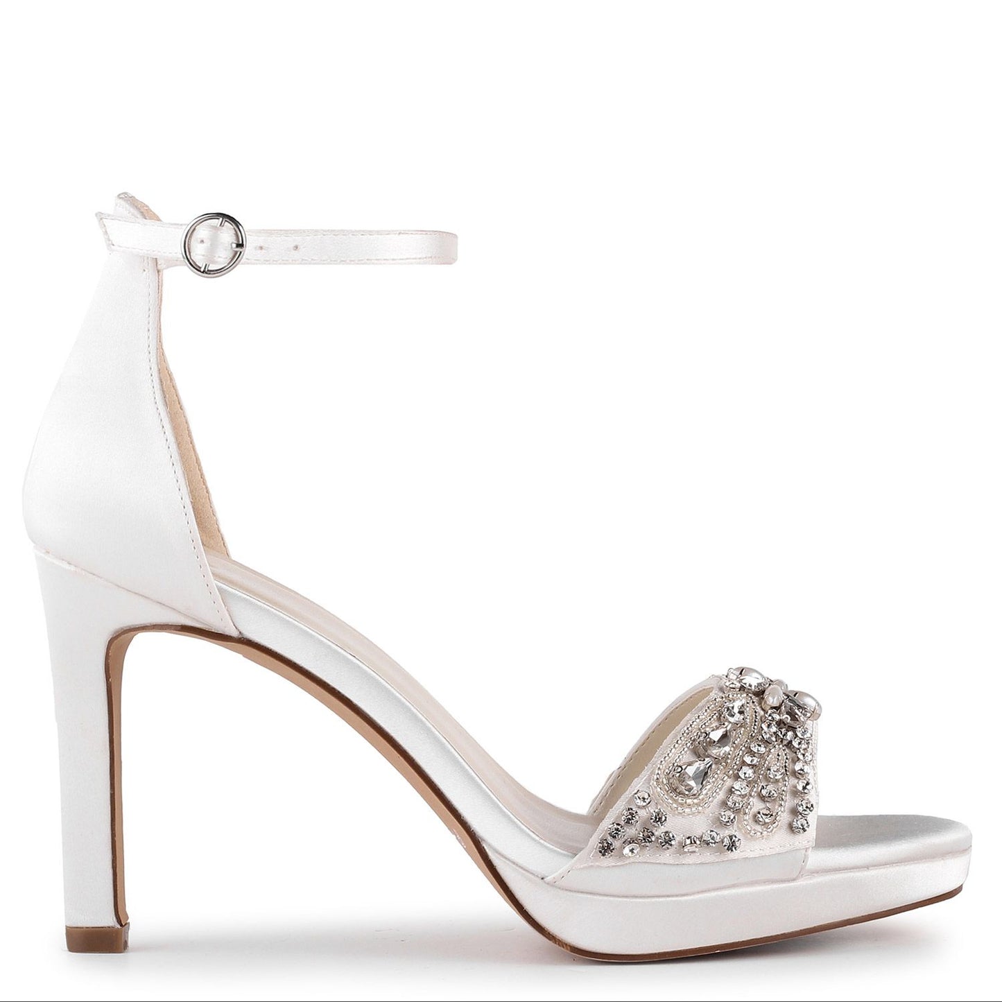 Side view of Platform sandal with 3.75 inch heel and jeweled along single strap