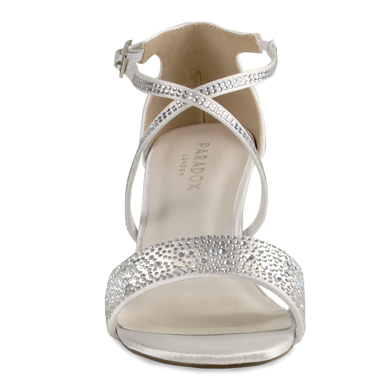 Front view of Shimmer shoe with 2 inch block heel and elegant stones