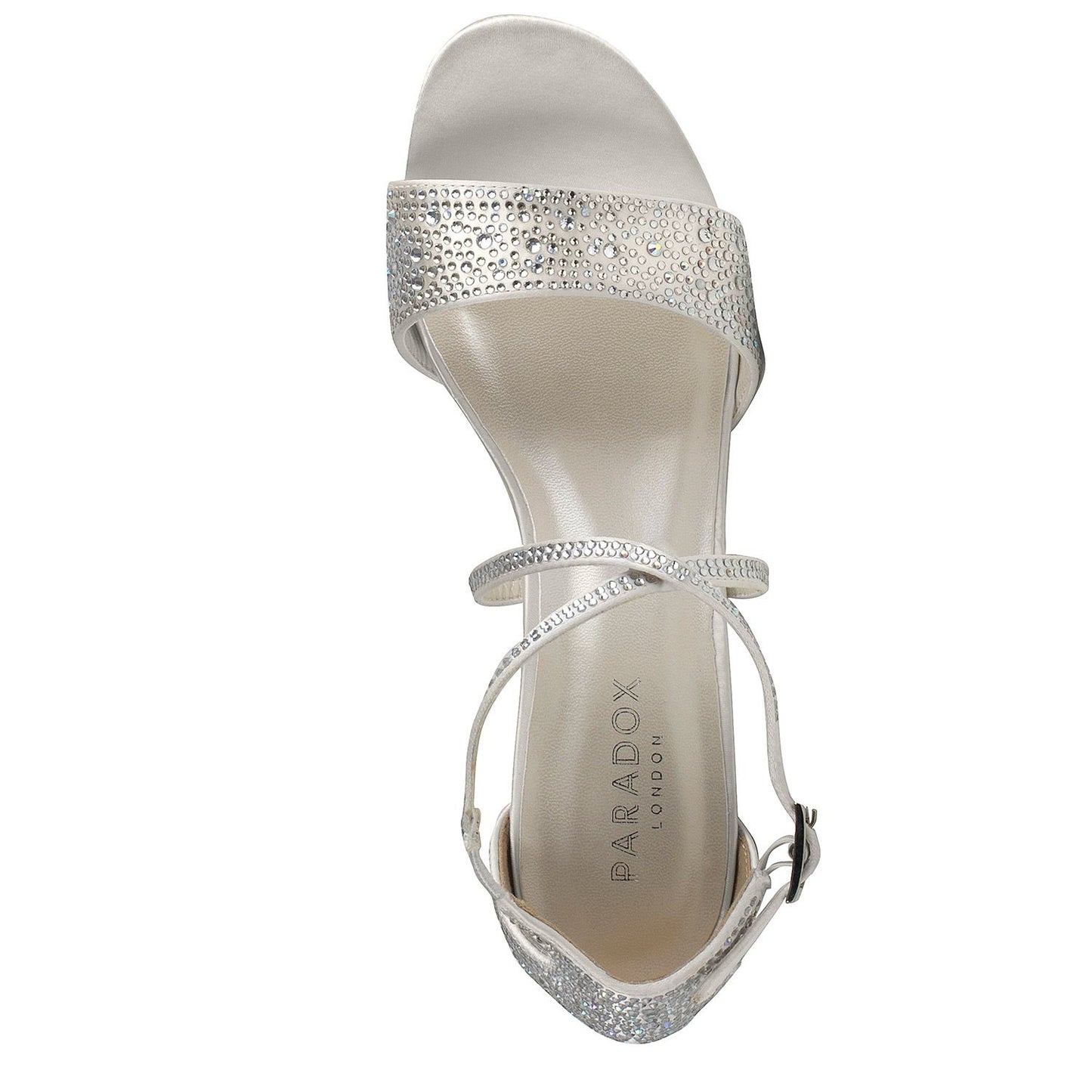 Overhead view of Shimmer shoe with 2 inch block heel and elegant stones