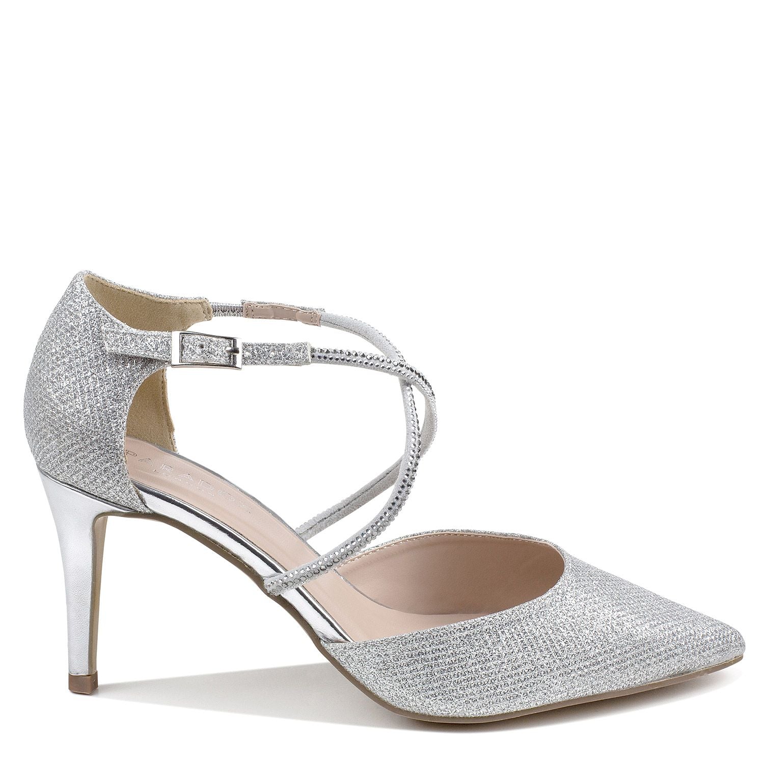 Side view of 3/4 inch high heel with silver metallic materia