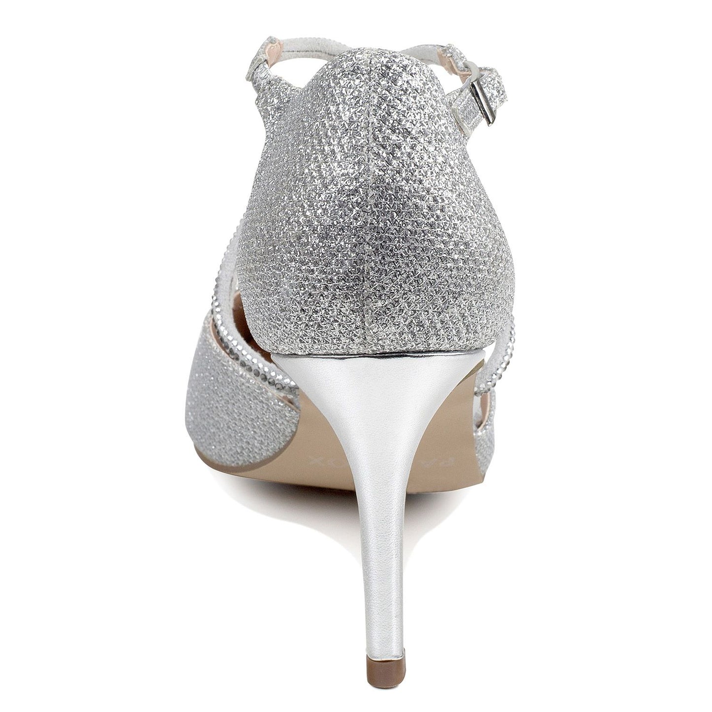 Back view of 3/4 inch high heel with silver metallic materia