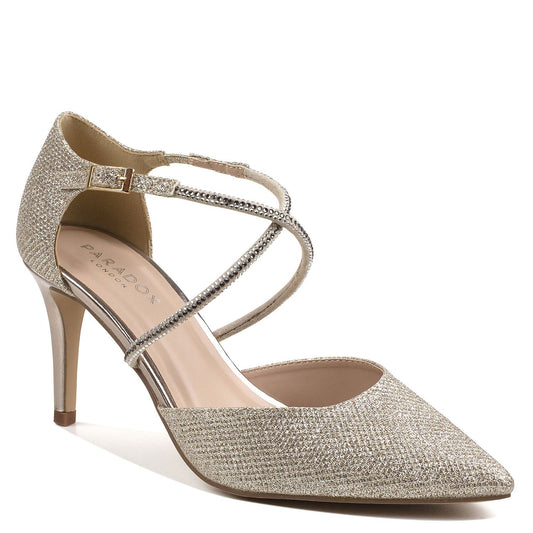 3/4 inch metallic champagne heels with criss-cross straps