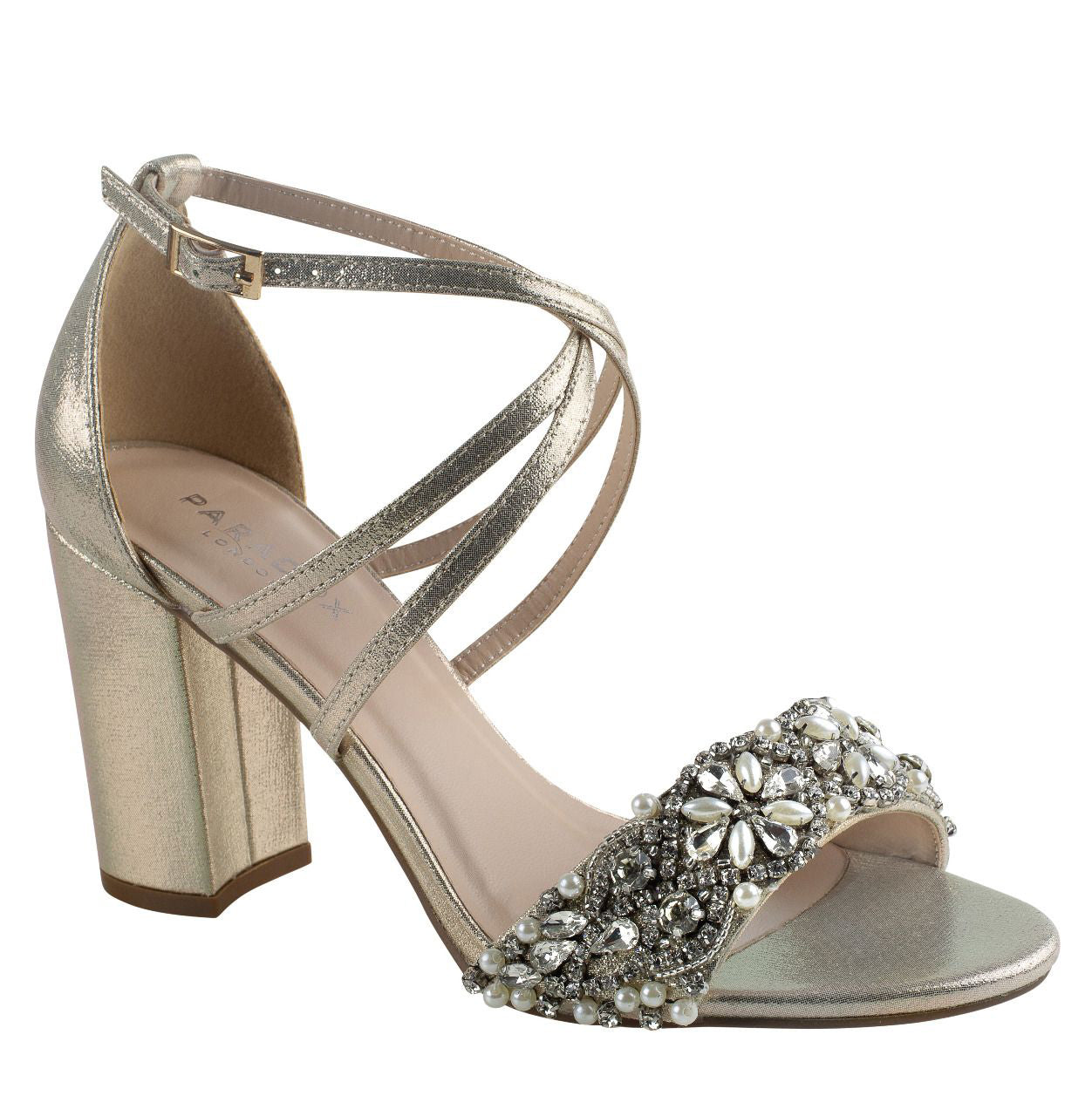 Ivory Sandal with 2.75 inch block heel and decrotive strap