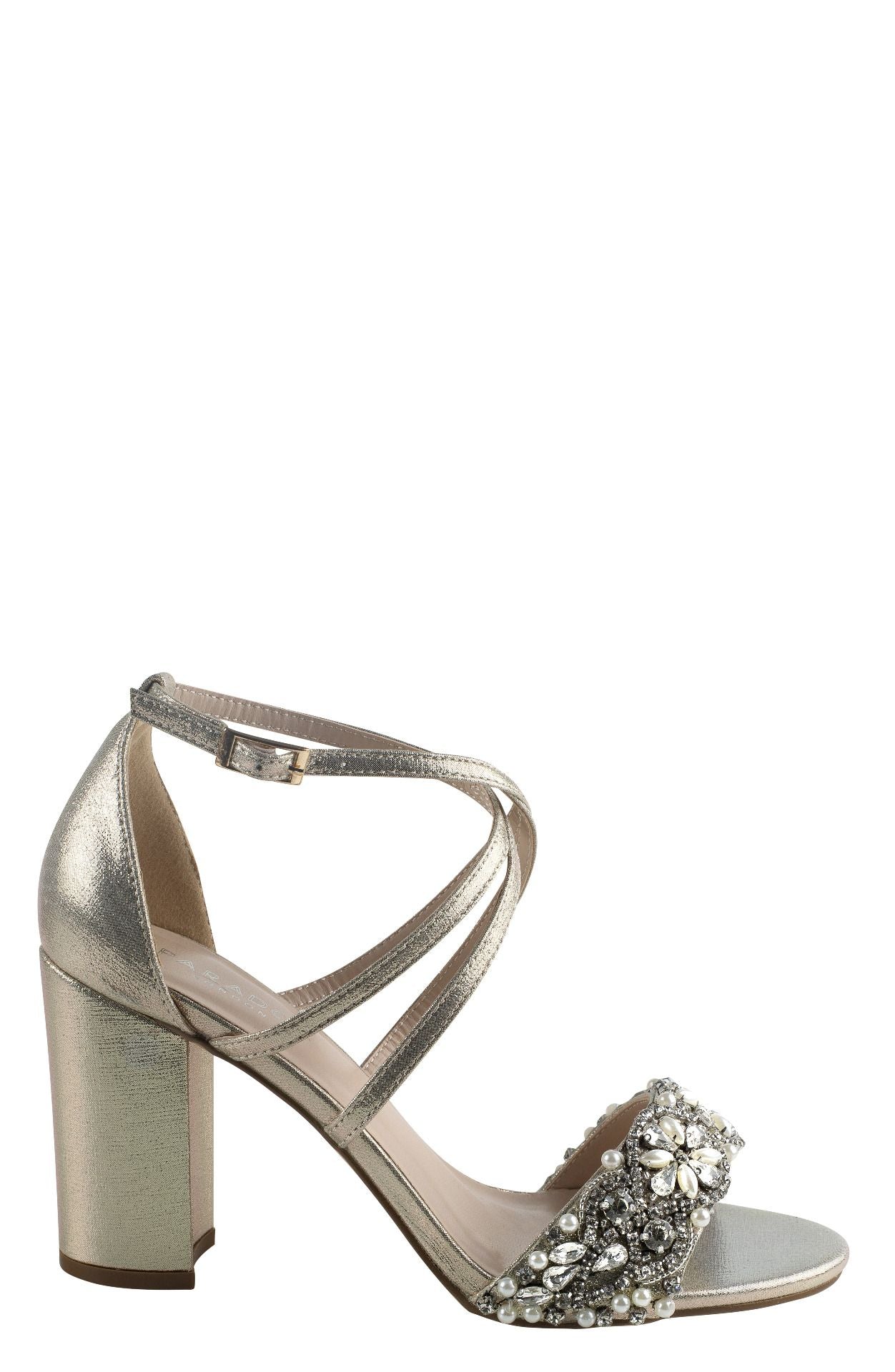 Side view of Champagne  Sandal with 2.75 inch block heel and decrotive strap