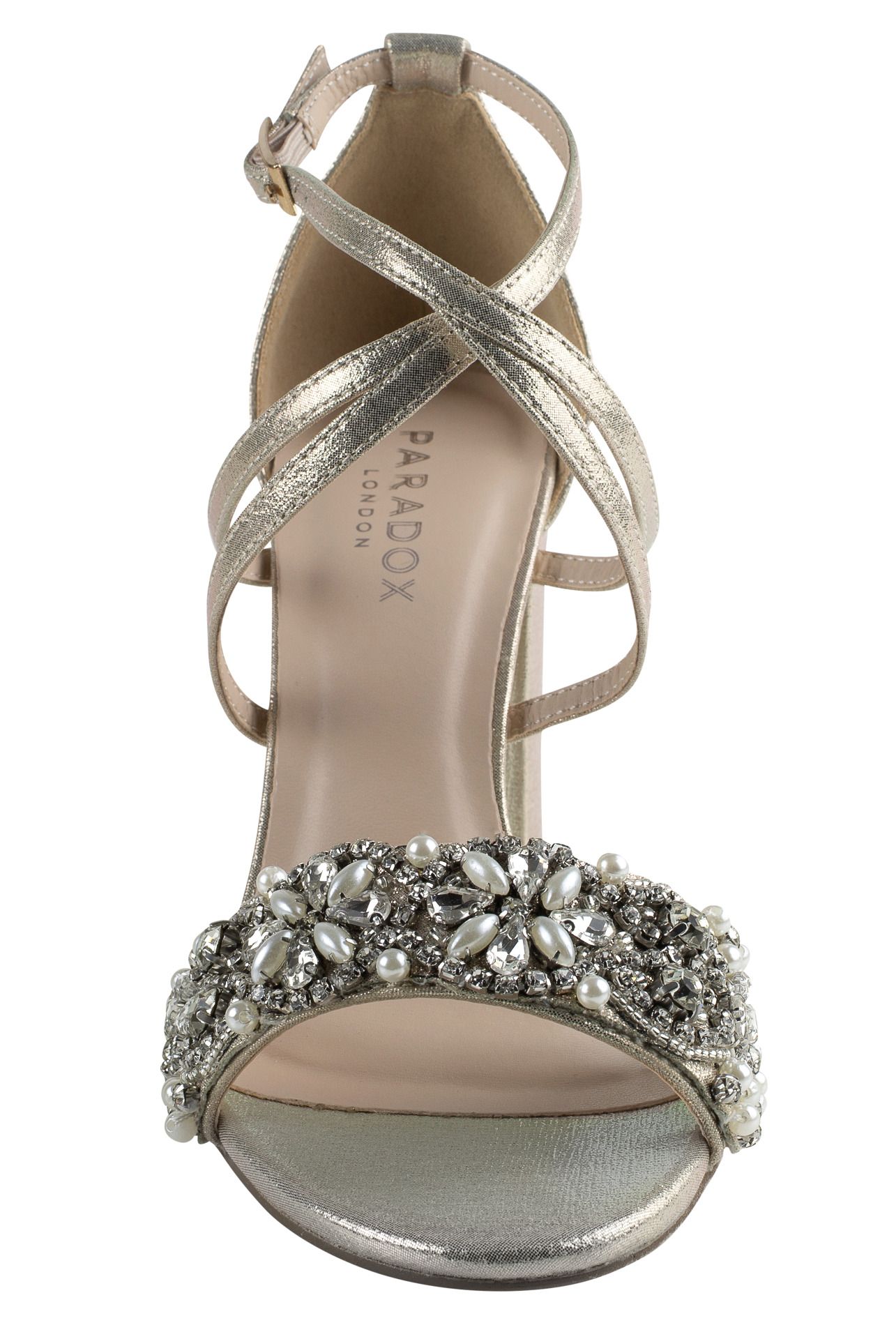 Front view of Champagne  Sandal with 2.75 inch block heel and decrotive strap