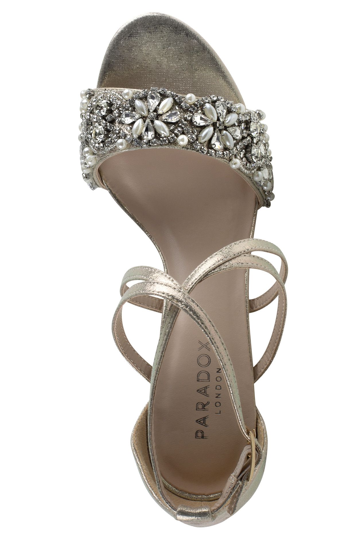 Overhead view of Champagne  Sandal with 2.75 inch block heel and decrotive strap