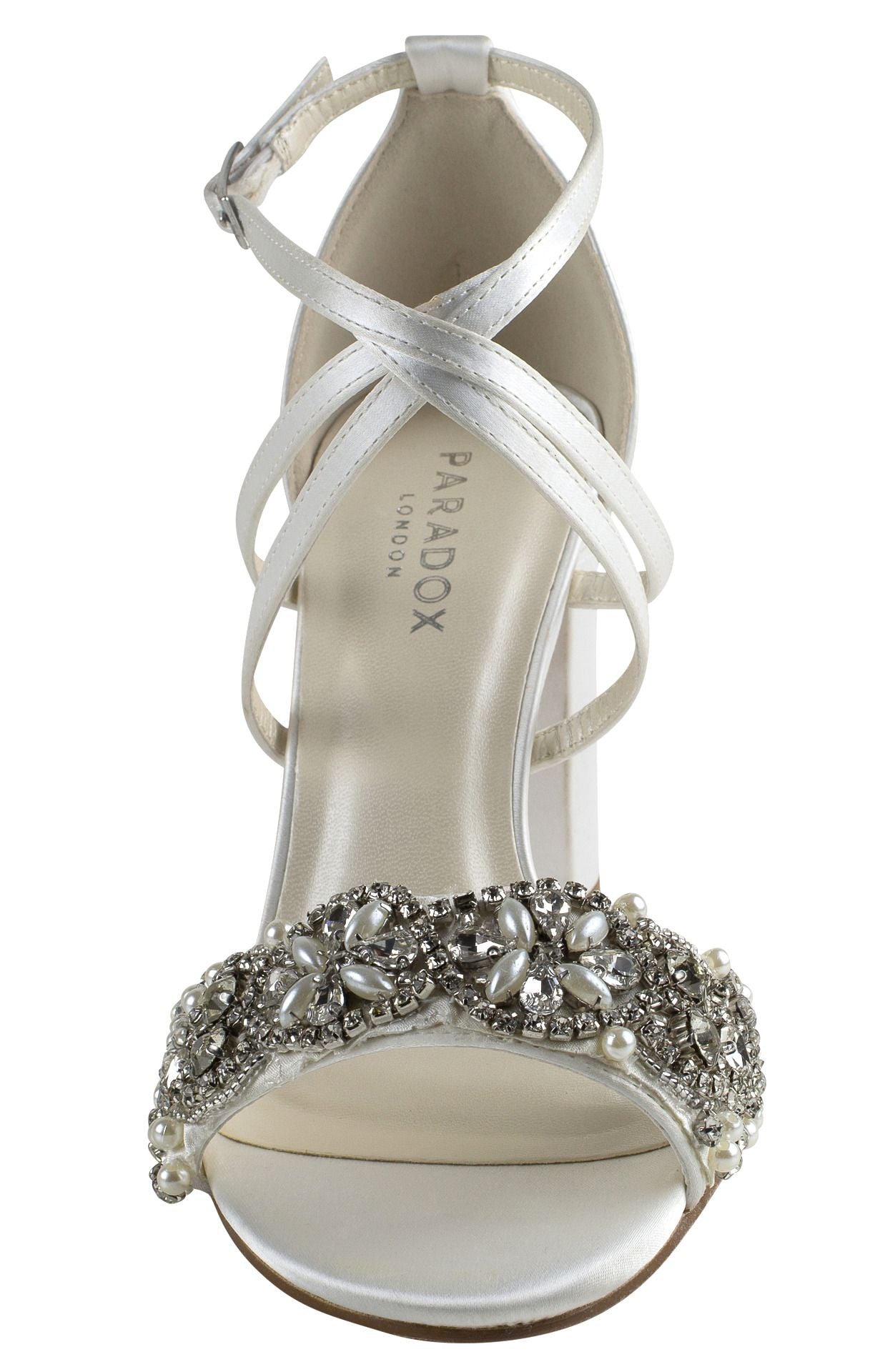Front view of Ivory Sandal with 2.75 inch block heel and decrotive strap