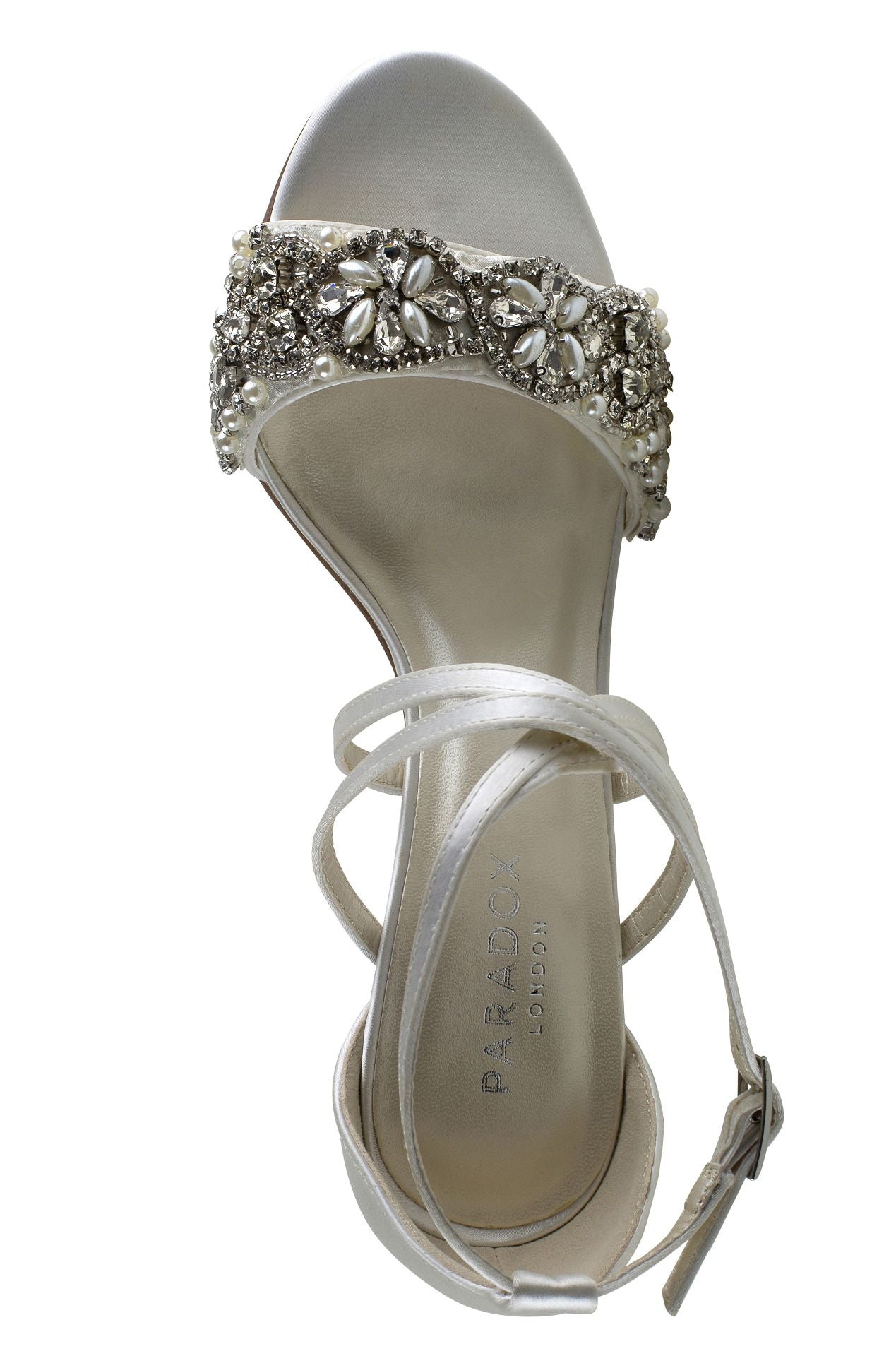 Overhead view of Ivory Sandal with 2.75 inch block heel and decrotive strap